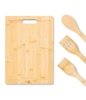 GL Kitchen Accessories Set Bamboo Cutting Board Chopping Board Set With Utensil 4 Piece Bamboo Cooking Utensils With Holder