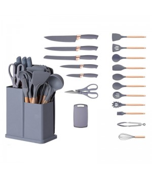 Popular Silicone 19pcs Kitchen Utensil Set Kitchen utensil with holder Wooden Handle Color Box Package Ready to Ship Stocked
