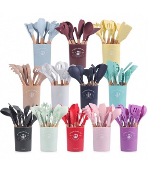 12 Pieces In 1 Set Silicone Kitchen Accessories Cooking Tools Kitchenware Cocina Silicone Kitchen Utensils With Wooden Handles