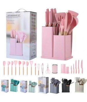 Hot selling non stick heat resistance 19 PCS silicone cooking tools silicone kitchen utensils set with wood handle