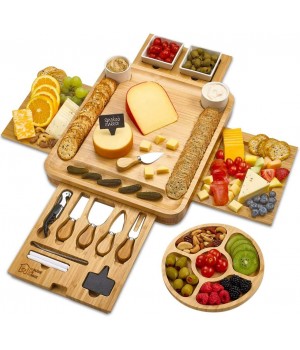 Wooden Cake Stands - 2 Ceramic Bowls 2 Serving Plates. Magnetic 4 Drawers Bamboo Charcuterie Cutlery Knife Set