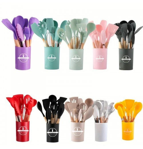12-Piece Non-Stick Silicone Kitchenware Set with Wooden Handle Cooking Utensils for Storage Barrel 12-Piece Non-Stick Silicone Kitchenware Set with Wooden Handle Cooking Utensils for Storage Barrel
