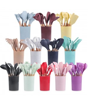 Multi-Functional 12Pcs Silicone Kitchen Utensils Set Wooden Handle Cooking Utensil Spatula Set
