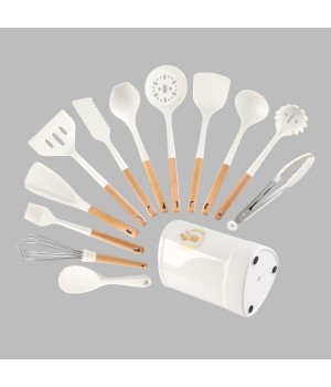 Wholesale Kitchen Accessories Non Stick Cooking Tools 13 Piece Silicone Kitchen Utensils Set White Wood Handle