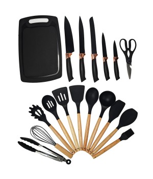 Custom Logo 19-Piece Silicone Kitchen Utensil Set with Wooden Handle Cutting Board Funnel Type Utensils and Knife Combination