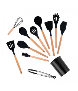 Wholesale Cooking Kitchen Cookware Wooden Handle 12 Piece Silicone Utensil Set with Plastic Container