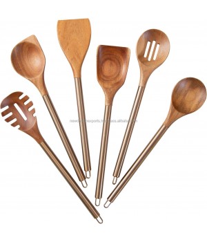 Wooden Cooking Utensils w/Metal Handle Kitchen Utensil Cooking Set of 6 Wooden Spoons Spatula Set, 14" Long Cooking Gadgets